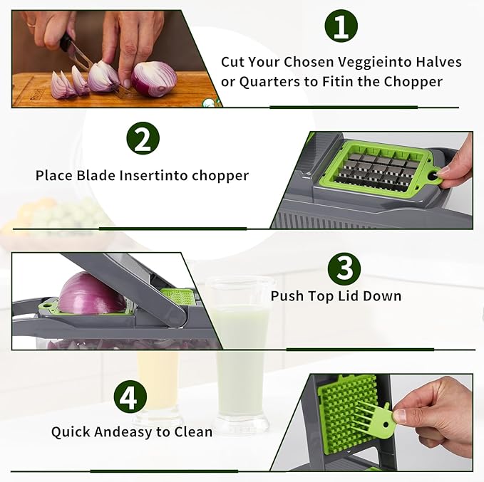 Multifunctional vegetable cutter 23 in 1 vegetable slicer, cucumber slicer, potatoes, tomatoes, zucchini, garlic, eggs, vegetable cutter with container and lid, salad cutter, dicing machine, shredder