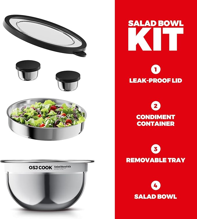 18/8 Stainless Steel Salad Bowl Kit - 51oz, Mixing Bowls with Lids Set, Silver - Comes with 1.7oz Condiment Container and Removable Tray for Organization - Leak-Proof, Easy to Clean, Dishwasher Safe