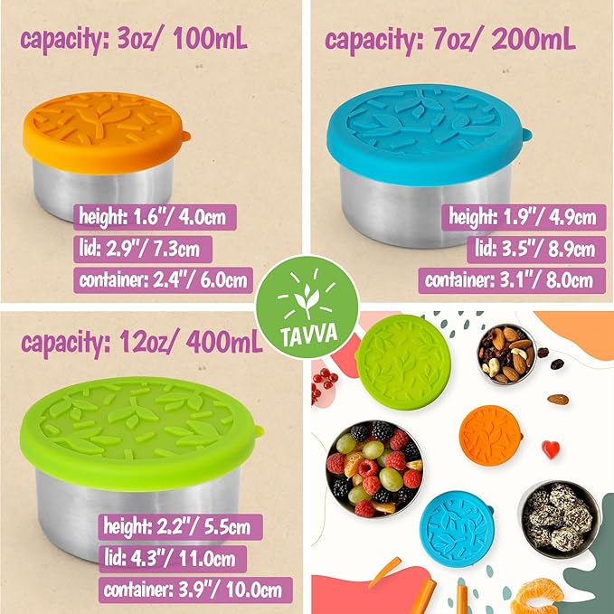 Stainless Steel Lunch Containers for Kids [12oz/ 7oz/ 3oz] - BPA-Free Metal Lunchbox with Leakproof Silicone Lids - Lunch Box for Kids - Small Snack Food Containers with Lids - Dishwasher Safe