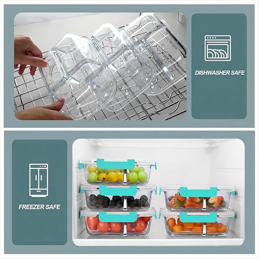Glass Meal Prep Containers 3 Compartments, 5 Pack 36 oz, Glass Food Storage Containers with Lids, Airtight Lunch Bento Box, Portion Control, Freezer and Microwave Safe, Green
