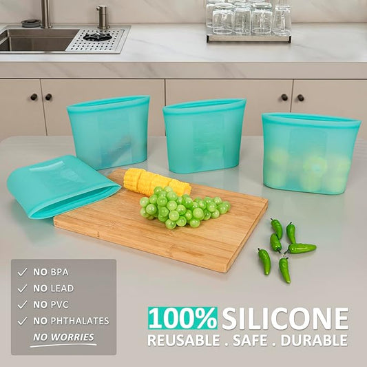 Reusable Freezer Bags Quart Size, 1 Pack, 100% Silicone Stand Up Ziplock Reusable Silicone Food Storage Bags Sandwich Bags Containers, Freezer Microwave Oven Dishwasher Safe, Aqua, 33.8fl.oz