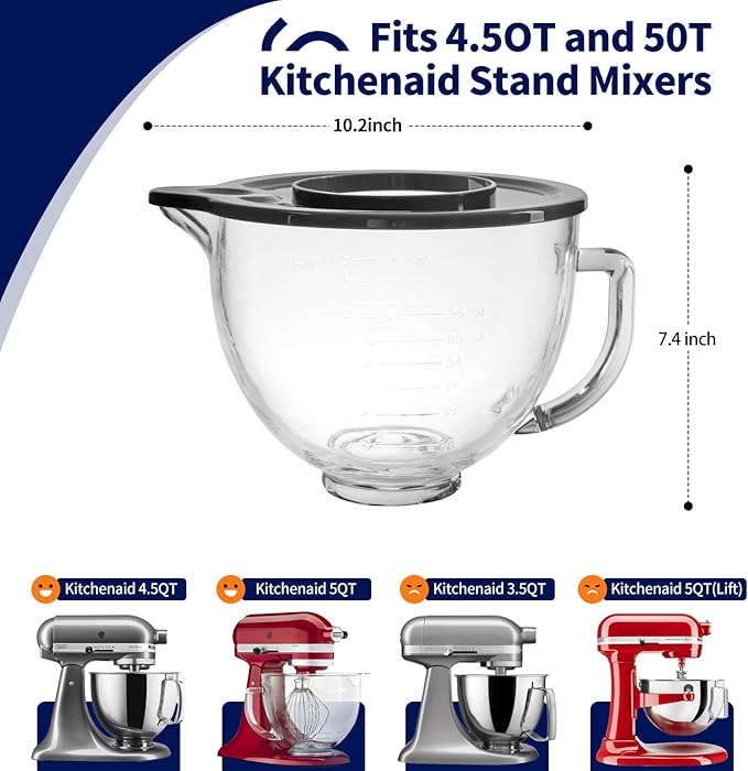 Glass Bowl for KitchenAid Stand Mixer,5 Quart,Glass Mixing Bowl Replacement for KitchenAid 4.5 and 5 Quart Tilt-Head Stand Mixers with Measurement Markings