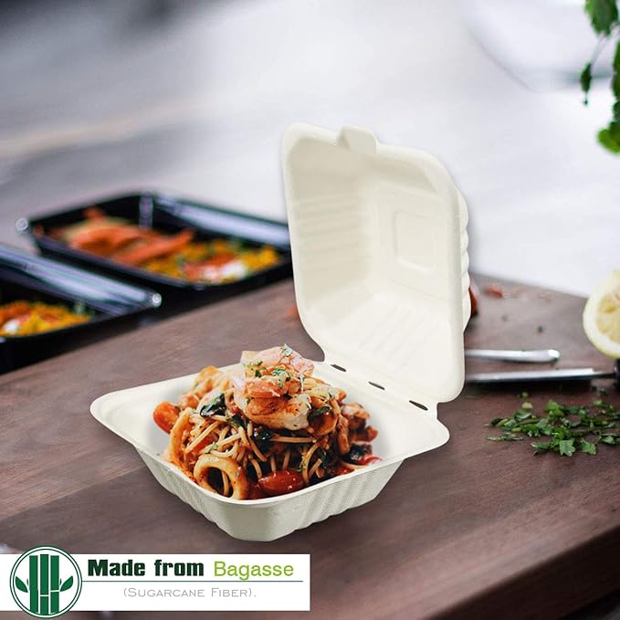 Green Earth 6-Inch, 100-Count, Compostable Clamshell, Natural Bagasse (Sugarcane Fiber), Take-Out/to-Go Food Boxes - Biodegradable Containers, Hinged Lid Microwave-Safe Gluten-Free Eco-Friendly