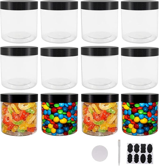 12 Pack 20oz (600ml) Clear Plastic Jars With Lids, Labels, 1 Pen - Empty Storage Containers for Dry Food, Peanut, Spice