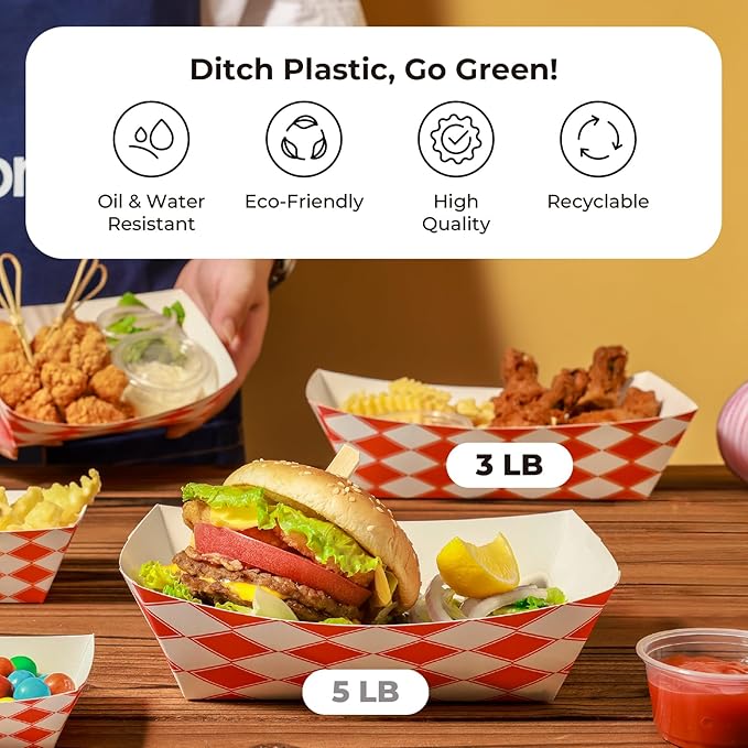 Fit Meal Prep [250 Pack 3 lb Paper Food Boats Heavy Duty Disposable Food Trays, Red Check Nacho Tray for Parties Fairs Picnics Carnivals, Holds Tacos Nachos Fries Hot Dogs Grease Resistant