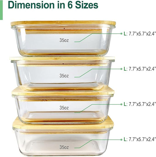 Urban Green Glass Containers with Bamboo Lids, Bamboo Meal Prep Storage Containers with Lids, Oven, Freezer, Microwave Safe, Pack of 4, 35oz