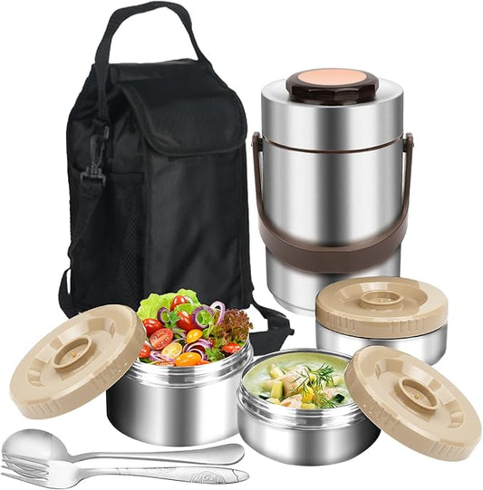 3-Layer Insulated Lunch Box for Men, Soup Thermos, Adult Leakproof Insulated Hot Food Jar Container, Stainless Steel Thermal Bento Box Lunch Bag Cutlery for Office Construction Worker Trucker Picnic