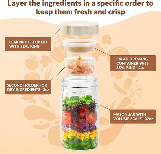 SOLIGT 4 Pack Glass Salad Jars with Lids Meal Prep, Leakproof Container for Lunch, Two Small Built-in Boxes with Wet/Dry Separation for Salad Dressing and Dry Ingredients, 32oz Mason Jars