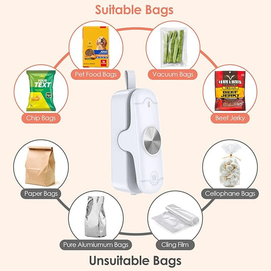 Bag Sealer, 2 in 1 Mini Bag Sealer Heat Seal and Cutter, Portable Chip Bag Sealer Heat Sealer Bag Resealer for Snacks Candies Plastic Bag Food Storage (Batteries Included)
