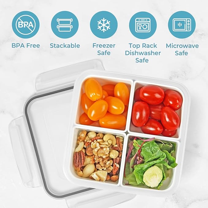 carrotez Food Storage Containers, 4 Compartment Portion Control Container, Snack Container For Adults, Meal Prep Container, Reusable, Microwave Safe, 4.6 Cup (1100ml), Pack of 2