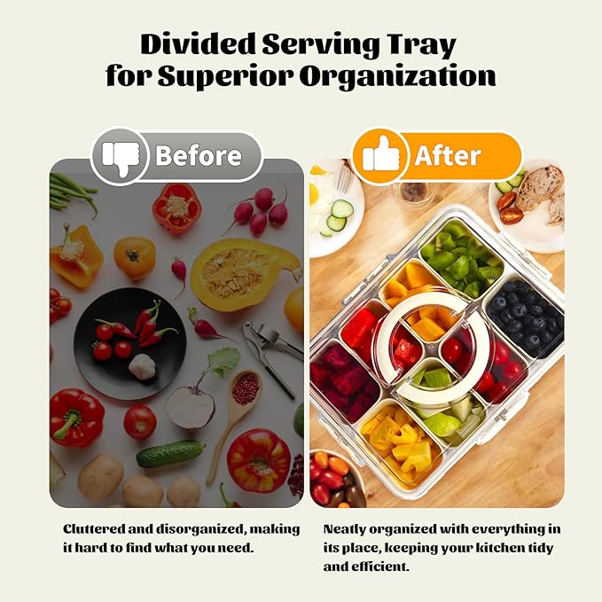Divided Snackle Box Container - 8 Compartments serving tray with Lid and Handle - Reusable Refrigerator Snack Fruit Veggie Tray - Airtight Kitchen Food Storage Organizer Travel Nuts Candies