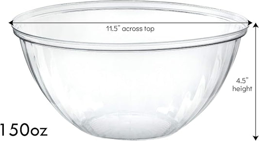 PLASTICPRO Disposable 150 Ounce Round Crystal Clear Plastic Serving Bowls, With Lids Party Snack or Salad Bowl, Chip Bowls, Snack Bowls, Candy Dish, Salad Container Pack of 8