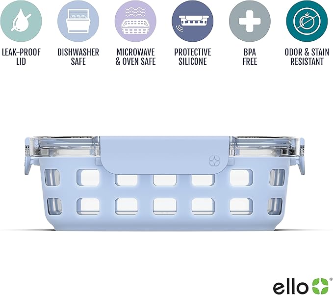 Ello Duraglass 3.4 Cup Meal Prep Sets 10Pc, 5 Pack Set- Glass Food Storage Container with Silicone Sleeve and Airtight BPA-Free Plastic Lids, Dishwasher, Microwave, and Freezer Safe, Halogen Blue
