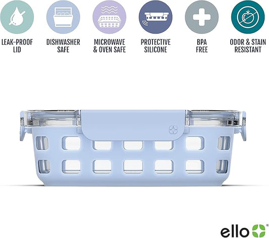 Ello Duraglass 3.4 Cup Meal Prep Sets 10Pc, 5 Pack Set- Glass Food Storage Container with Silicone Sleeve and Airtight BPA-Free Plastic Lids, Dishwasher, Microwave, and Freezer Safe, Halogen Blue