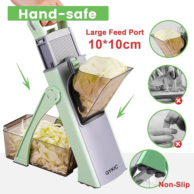 Upgrade Safe Mandoline Slicer for Kitchen, Chopper Vegetable Cutter, Potato Slicer Thickness Adjuster, French Fry Cutter, Veggie Dicer Faster Kitchen Mandolin for Meal Prep Green