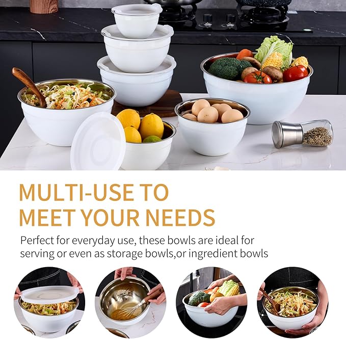White Mixing Bowls With Airtight Lids,Stainless Steel Bowl,Salad Bowls 7 Piece Colorful Nesting Bowl Rainbow Kitchen Accessories,Size 7,3.6,2.7,2.1,1.5,1.1,0.8QT Stackable Design