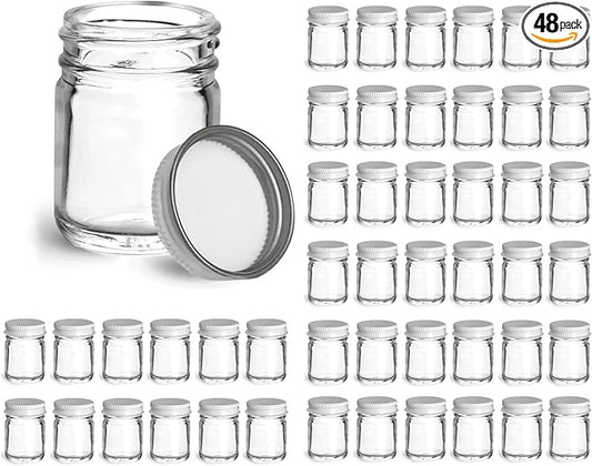 48 Count Small Glass Jars with Lids, 1 oz Clear Glass Jars w/ White Metal Plastisol Lined Caps, Canning Jars, Spice Jars, Food Containers, Empty Glass Jars for Preserves, Spices, Samples, Cosmetics