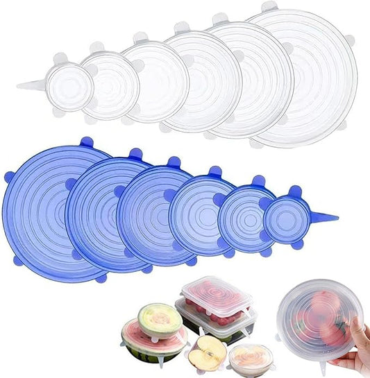 12 PCS Reusable Stretch Silicone Lids for Food Storage, Heat-Resistant Silicone Bowl Covers for Cup, Cans, Jars, Universal Food Grade Silicone Lid for Round Container (6 Different Sizes)