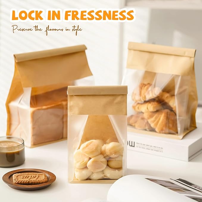 100 Pack Bread Bags for Homemade Sourdough Bread, 8.7x4.3x11 Inches Tin Tie Tab Lock Large Bakery Bag with Window Kraft Paper Packaging Bags for Gifting & Bake Sale
