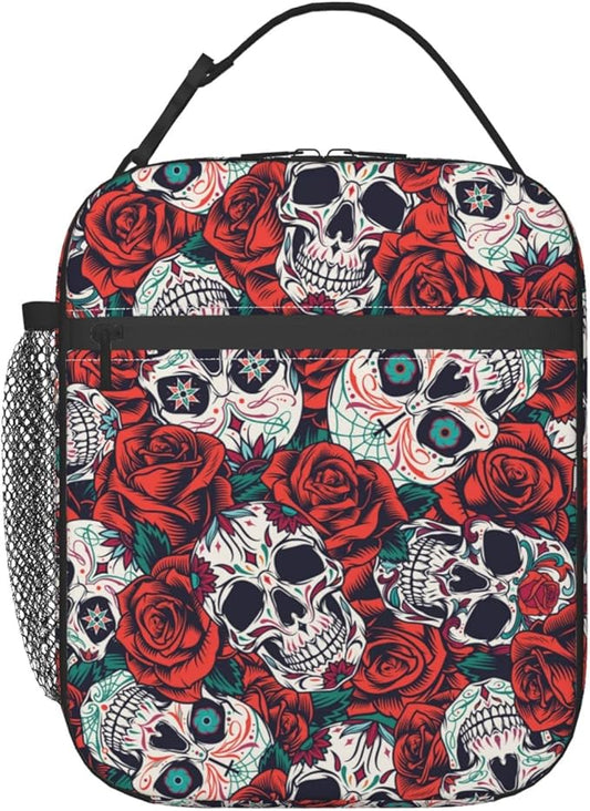 YETTA YANG Sugar Skull Rose Flower Portable Lunch Bag Insulated Lunch Box Reusable Totes For Women Men Work Picnic Camping