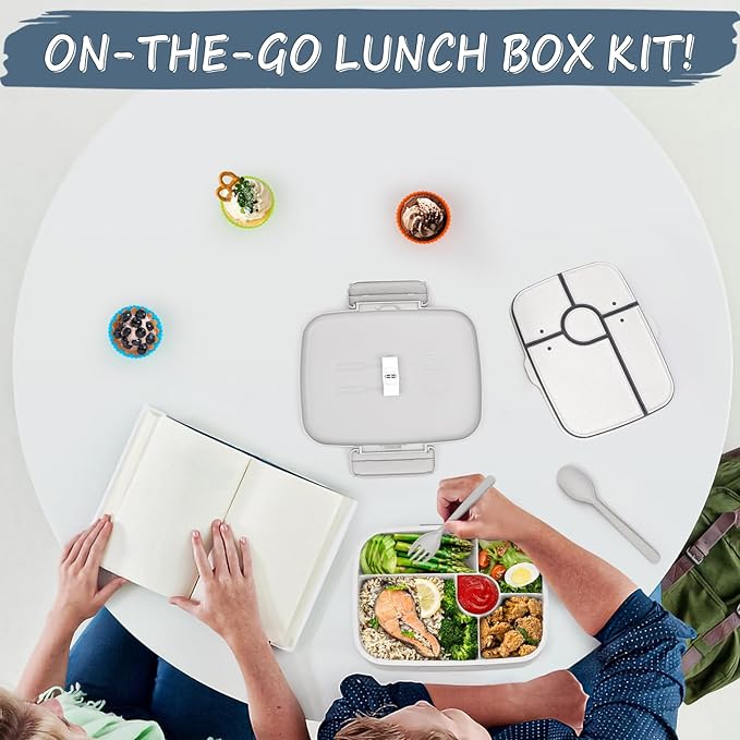 Bento Box Adult Lunch Box, Kid Lunch Box Contaiers for 5 Compartmets, Lunch Containers with 3 Silicone Baking Cups, Leakproof, Dishwasher and Microwave Safe, BPA-Free (Grey)