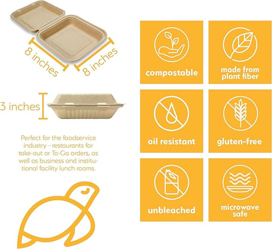 100% Compostable Disposable Food Containers with Lids [8”X8” 200 Pack] Eco-Friendly Take-Out TO-GO Containers, Heavy-Duty, Biodegradable, Unbleached by Earth's Natural Alternative