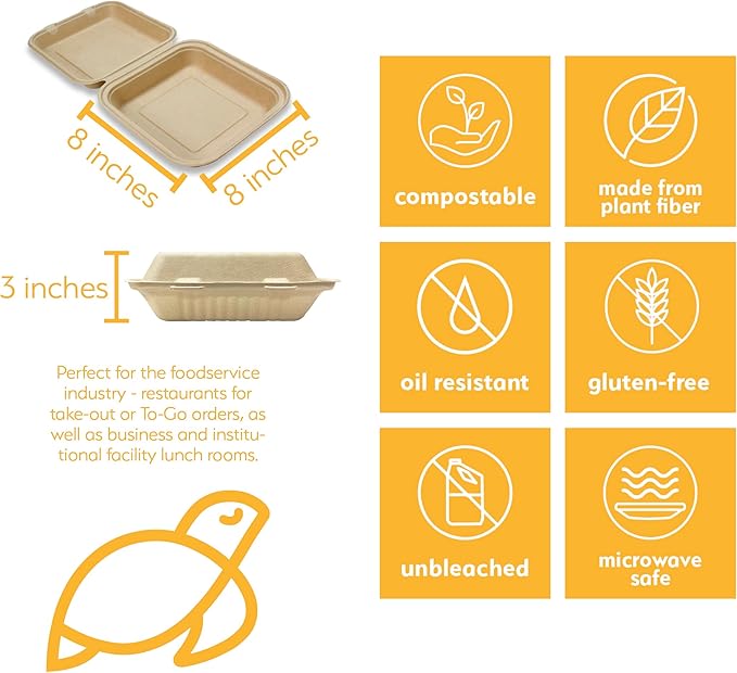 100% Compostable Disposable Food Containers with Lids [8”X8” 200 Pack] Eco-Friendly Take-Out TO-GO Containers, Heavy-Duty, Biodegradable, Unbleached by Earth's Natural Alternative