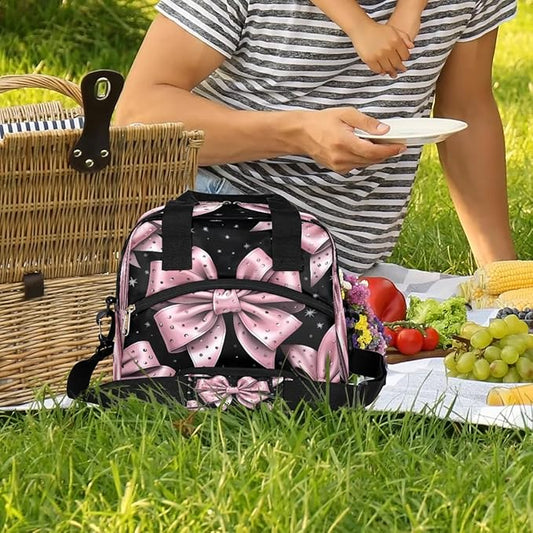 Pink Bow Insulated Lunch Bag for Women Men Reusable Waterproof Lunch Box Cooler Tote Bag One shoulder portable meal bag Portable Adult Lunchbox for Work Picnic Hiking Beach