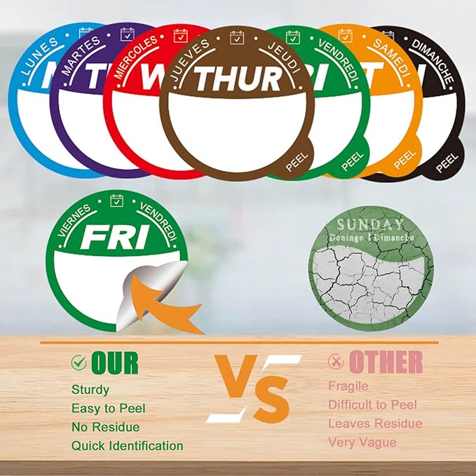 Label Stickers for Food Containers with Dispenser Box, Removable Day Dot Food Labels Peel Tab 7 Day of The Week for Home Freezer Restaurant Supplies Week Monthly Planners Meal Prep Accessory