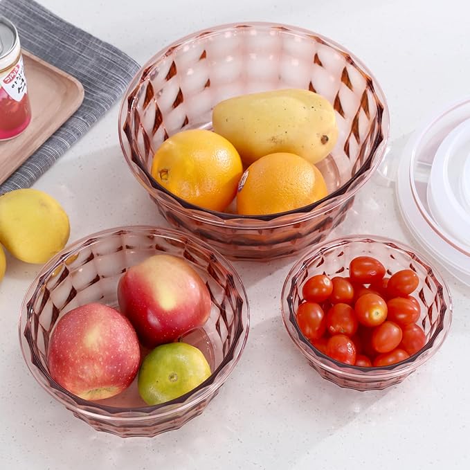 Taiuloo Set of 3 Salad Bowls with Lids, Food Storage Bowls with Lids & Handles, Meal Prep Nesting Bowls for Lunch, BPA Free Food Storage Containers, Plastic Salad Serving Bowl Set, Pink
