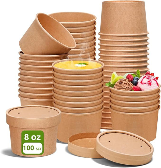 8oz Paper Soup Container Cup with Vented Lids, Disposable Paper Food Container Kraft Dessert Bowl Ice Cream Container Cup, Microwavable and Freezer Safe for Hot Soup, Ice Cream (100 Pcs - Kraft, 8 oz)