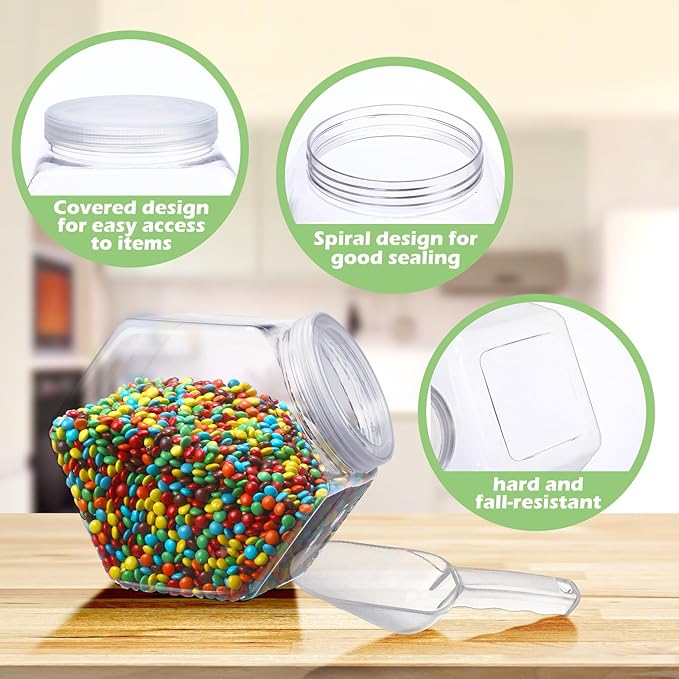 4 Pcs 122 oz Plastic Candy Jar with Lids and Scoops Hexagon Cookie Jars Clear Reusable Containers for Kitchen Counter Candy Bar for Cookies, Pets Treats, Laundry Pod, Craft Supplies Display Storage