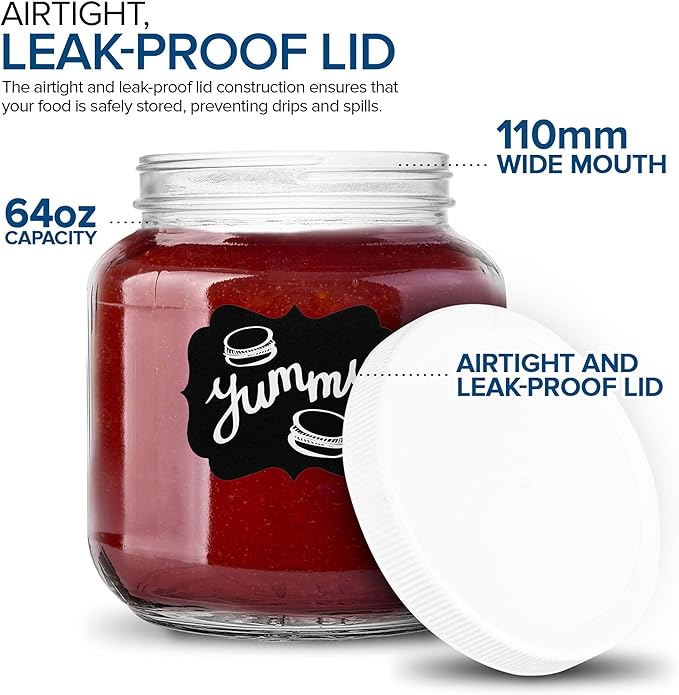 Stock Your Home 64 Oz Glass Jar with Plastic Airtight Lid (4 Pack) - Half Gallon Mason Jar for pickling, fermentation, brewing, food storage