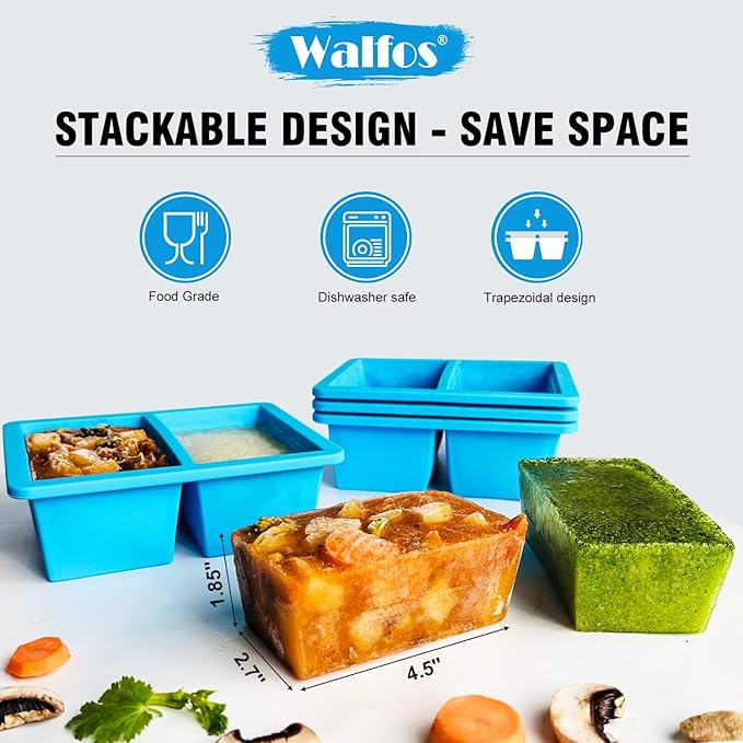 Walfos 1-Cup Silicone Freezer Molds with Lid, 4 Packs Soup Freezer Ice Cube Tray For Food, Silicone Food Freezing Container For Storing and Freezing Soup, Broth, Sauce and Ice.