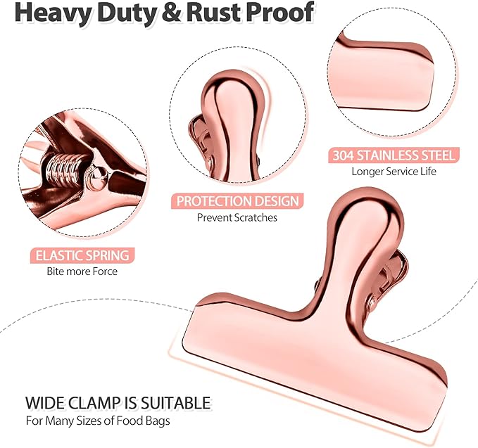 Pack of 8 Bag Clips, Stainless Steel and Heavy Duty Metal Bag Clip,Tightly Seals Chip, Coffee, Bread or Cereal Bags to Keep Food Fresh, for Home, Kitchen, Office, Pantry, Camping (Rose Gold)