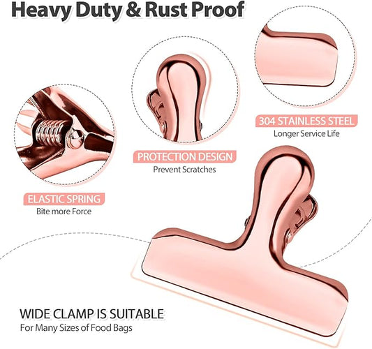 Pack of 8 Bag Clips, Stainless Steel and Heavy Duty Metal Bag Clip,Tightly Seals Chip, Coffee, Bread or Cereal Bags to Keep Food Fresh, for Home, Kitchen, Office, Pantry, Camping (Rose Gold)