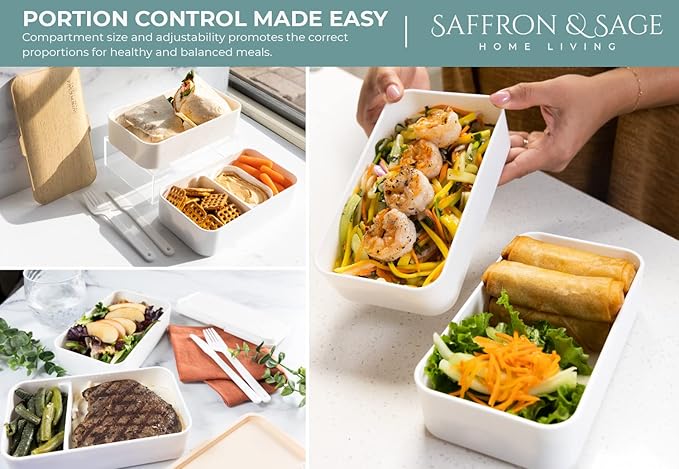 Saffron & Sage Bento Lunch Box - 42oz White Japanese style Bento Box for Adults or Kids with Cutlery, Chopsticks, Sauce Container and Bento Bag - Leak proof, Dishwasher, Freezer, Microwave safe