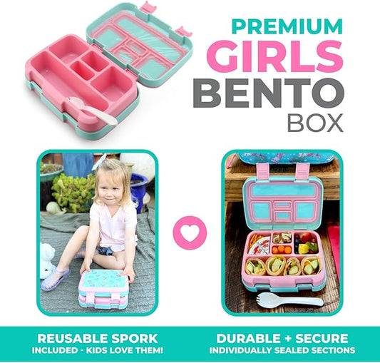 Kinsho Bento Lunch Box for Kids Toddlers, 5 Portion Control Sections, BPA Free Removable Plastic Tray, Pre-School Kid Toddler Daycare Lunches, Snack Container Ages 3 to 7 (Aqua Cat Mermaid)