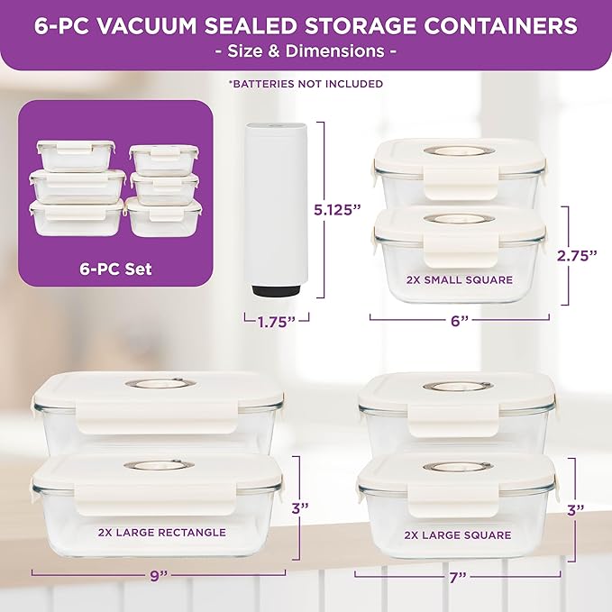 HOLDN’ STORAGE Vacuum Food Storage Containers, Set of 6 Glass Containers plus an Electronic Vacuum Pump – Keep Food Fresh Longer, BPA-Free Glass, Leak-Proof, Ideal for Meal Prep, Marinating.