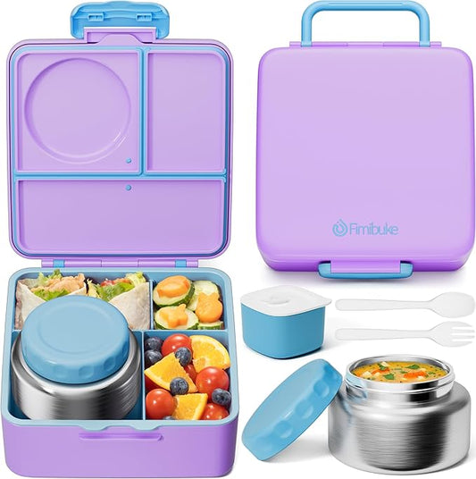Fimibuke Bento Box for Kids Adult, BPA Free & Leakproof Toddler Lunch Box with 8.5oz Insulated Thermos Food Jar, Utensils & Sauce Jar, Dishwasher Safe 3 or 4 Compartment Container for School Girl Boy