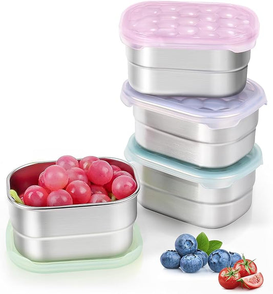 Small (1 CUP) Stainless Steel Snack Containers for Kids and Toddlers | Easy Open Leak Proof Food Containers with Silicone Lids - Perfect Metal Lunch Box for Daycare and School (8oz, Set of 4)