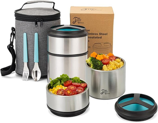 Lille Home 1500ml Thermos Food Flask, Vacuum Insulated Stackable Stainless Steel Thermal Lunch/Snack Box, 2-Tier Bento/Food Container with Lunch Bag (Blue)