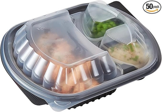 Restaurantware RW Base 27 Ounce Meal Prep Containers, 50 Microwavable To Go Containers With Lids - 3 Compartments, Disposable, Black Plastic Oval Food Containers, For Hot And Cold Food, Freezable