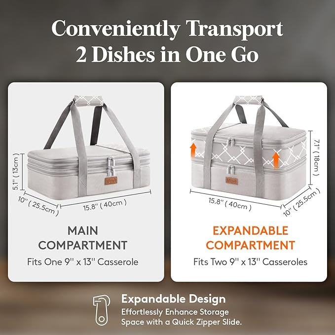 Lifewit Expandable Insulated Casserole Carrier for Hot or Cold Food, Double Decker Food Bag Lasagna Holder Carry Tote for Potluck Parties/Picnic/Cookouts, Fits 9"x13" Baking Dish, Grey-Geometric