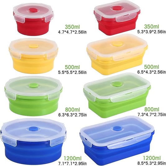 Yaomiao 16 Pack Collapsible Food Storage Containers with Lid Foldable 8 Pcs Rectangle Storage Bowl and 8 Pcs Round Silicone Food Bow for Lunch Rv Accessories Microwave Freezer Safe(Bright Colors)