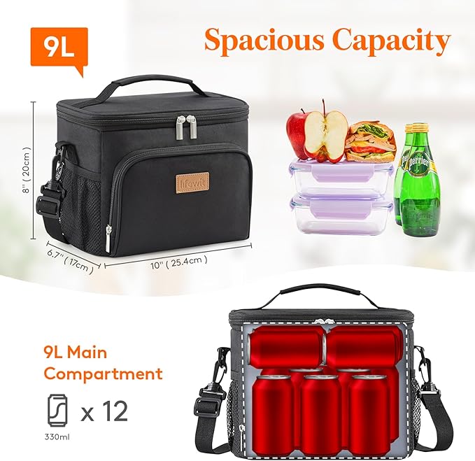 Lifewit Reusable Insulated Lunch Bag for Men, Lunch Box Women, Portable Cooler Freezable Soft Lunchbox Leakproof with Adjustable Shoulder Strap for Adult for Work Picnic or Travel, Black 9L