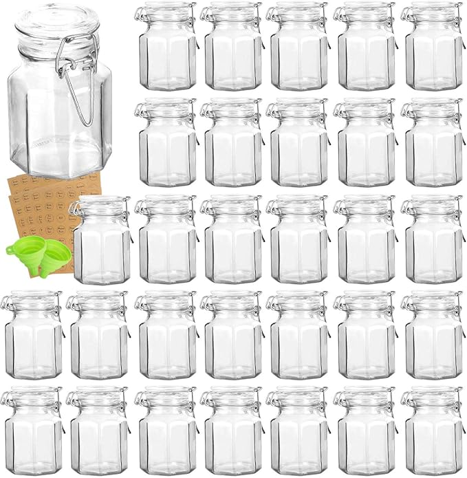 Spice Jars, KAMOTA 30 PACK 3.5oz Octagonal Diamond Small Glass Jars with Leak Proof Rubber Gasket and Airtight Hinged Lid, 280 Spice Labels & 2 Silicone Funnels, for Spice Herb,Art Craft Storage Empty