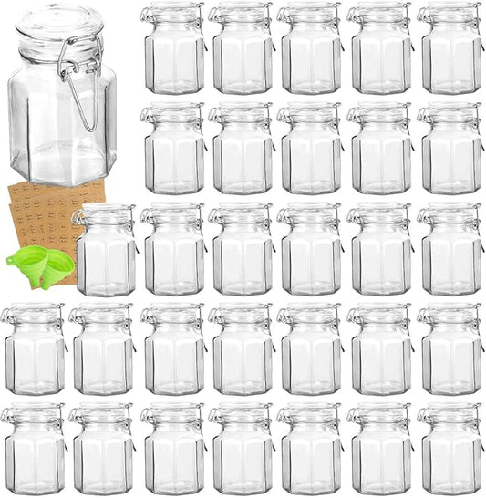 Spice Jars, KAMOTA 30 PACK 3.5oz Octagonal Diamond Small Glass Jars with Leak Proof Rubber Gasket and Airtight Hinged Lid, 280 Spice Labels & 2 Silicone Funnels, for Spice Herb,Art Craft Storage Empty