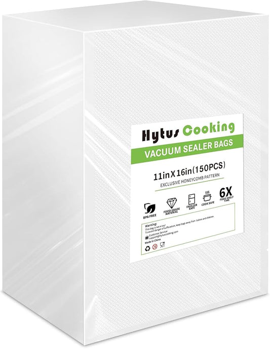 HytusCooking 150 Gallon Vacuum Sealer Bags for Food (11" x 16"),Heavy Duty Pre-Cut Food Vacuum Seal Storage Bags,Commercial Grade Embossed Sous Vide bags for Food Storage,Meal Prep,Microwave, BPA-Free