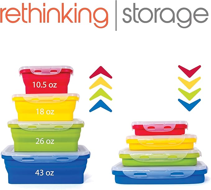 Thin Bins Collapsible Containers – Set of 4 Rectangle Silicone Food Storage Containers – BPA Free, Microwave, Dishwasher and Freezer Safe